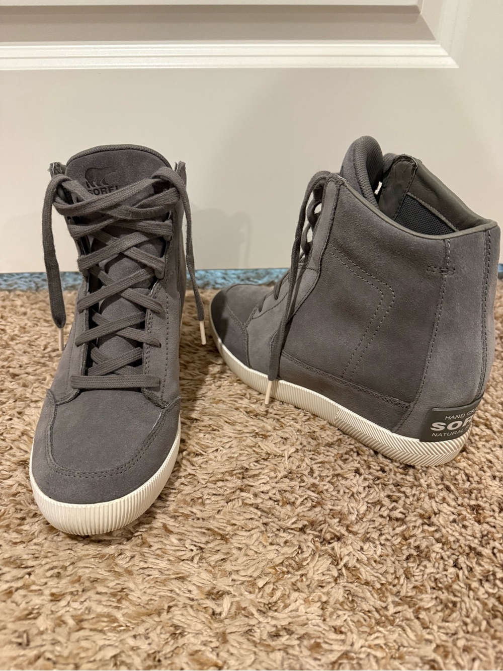 Sorel Gray Suede High-Top Wedge Sneakers with White Sole